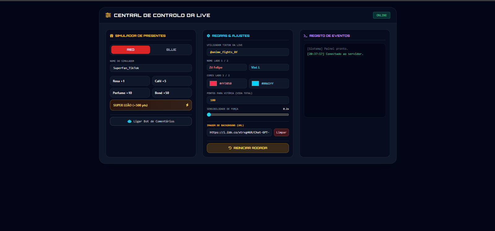 Painel de controle do sistema
